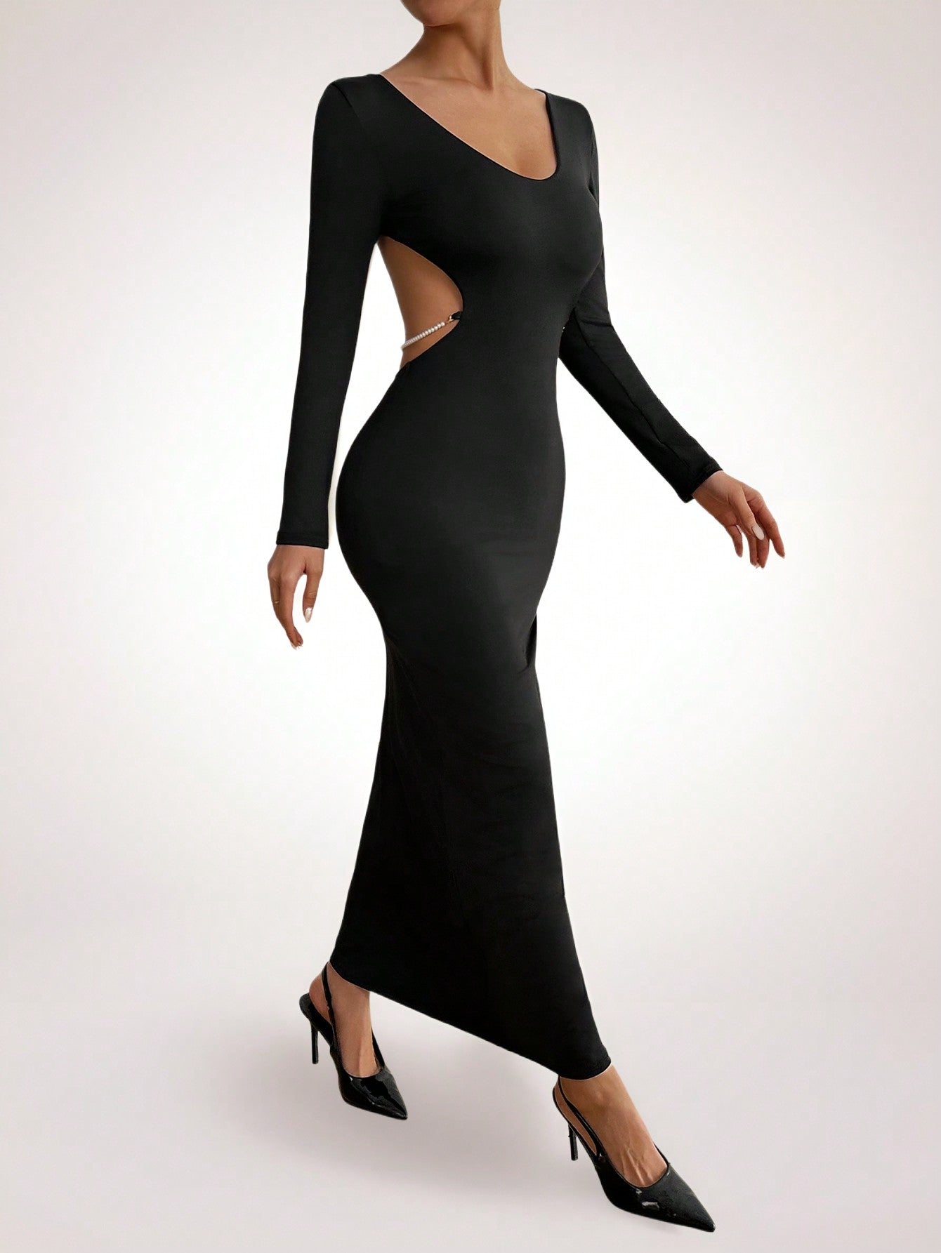 Women's Solid V-Neck Long Sleeve Slim Fit Elegant Dress