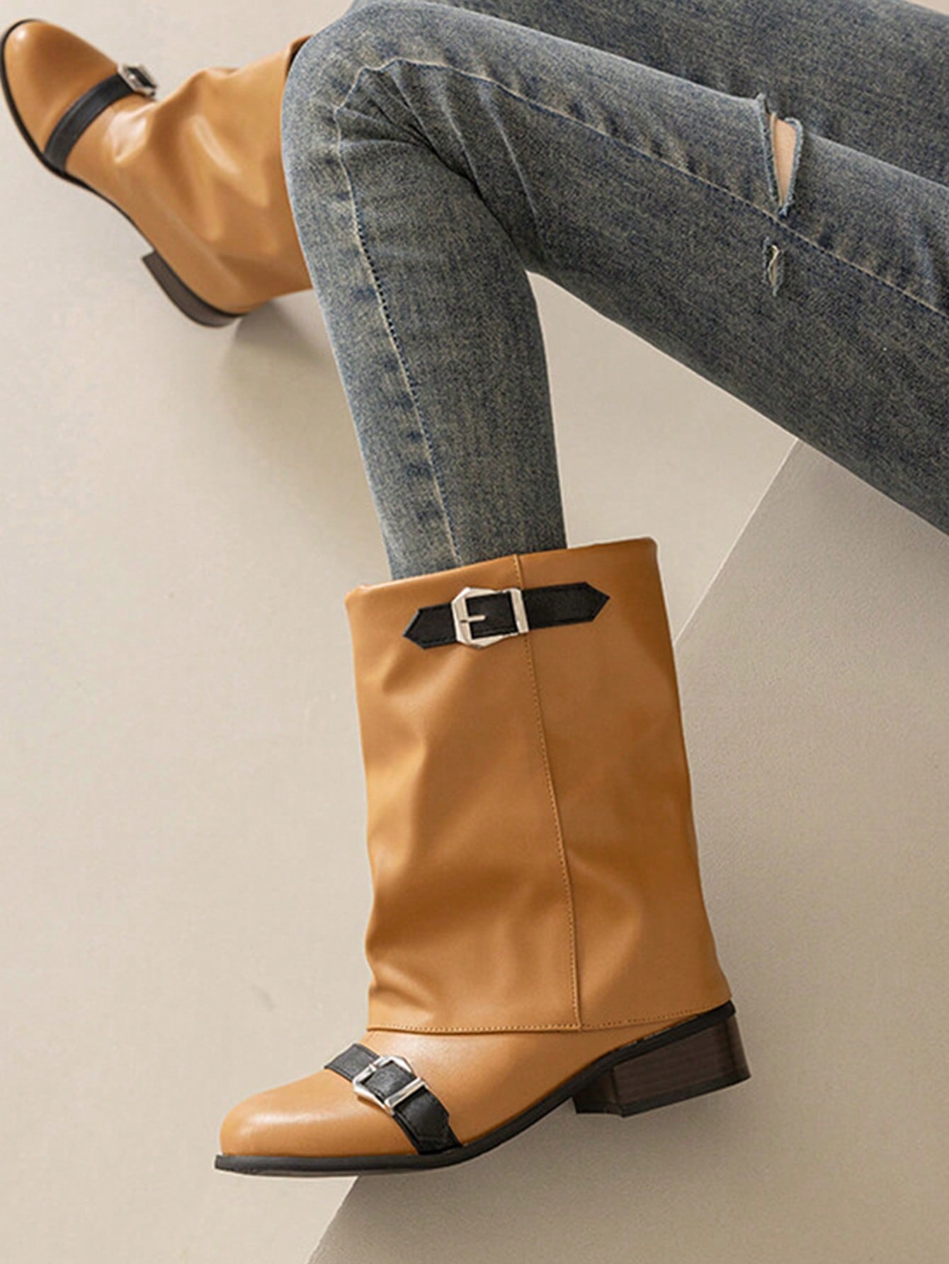 Women's Mid-Heel Mid-Calf Boots With Buckle Straps, Round Toe Western Style Riding Boots