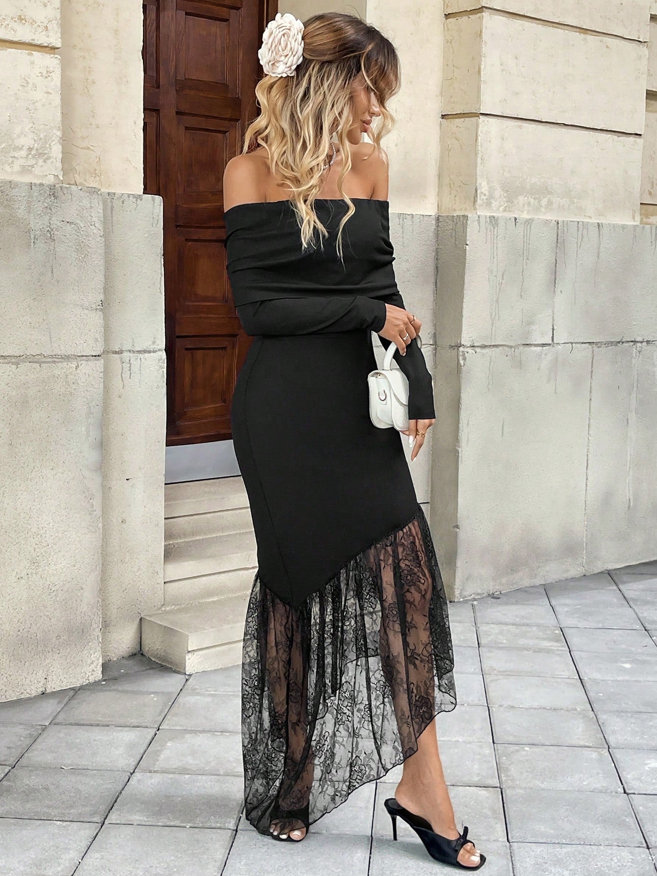 Black Knit Contrast Lace Off Shoulder Bodycon Midi Dress, Sexy & Slim Fitting