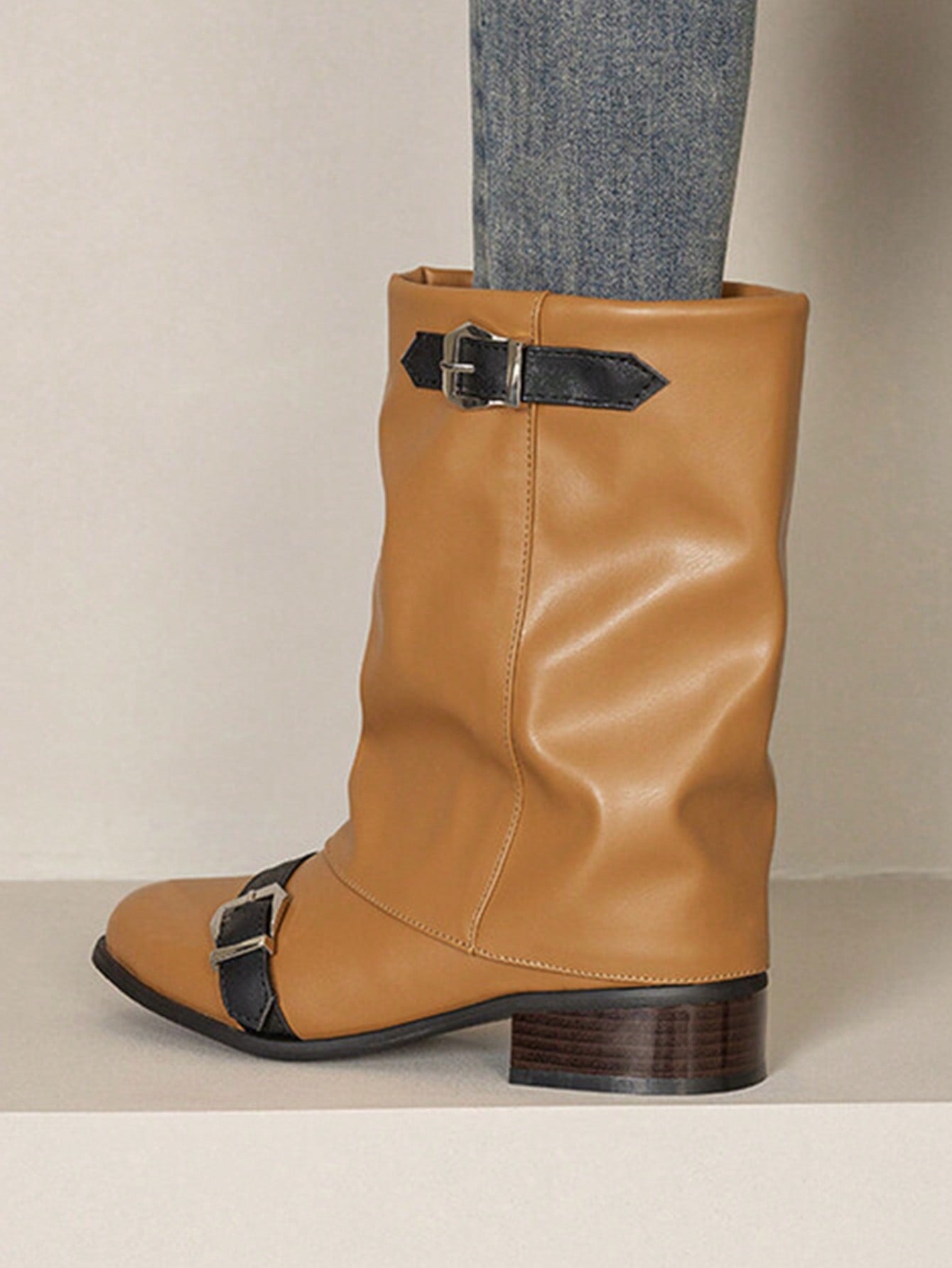 Women's Mid-Heel Mid-Calf Boots With Buckle Straps, Round Toe Western Style Riding Boots