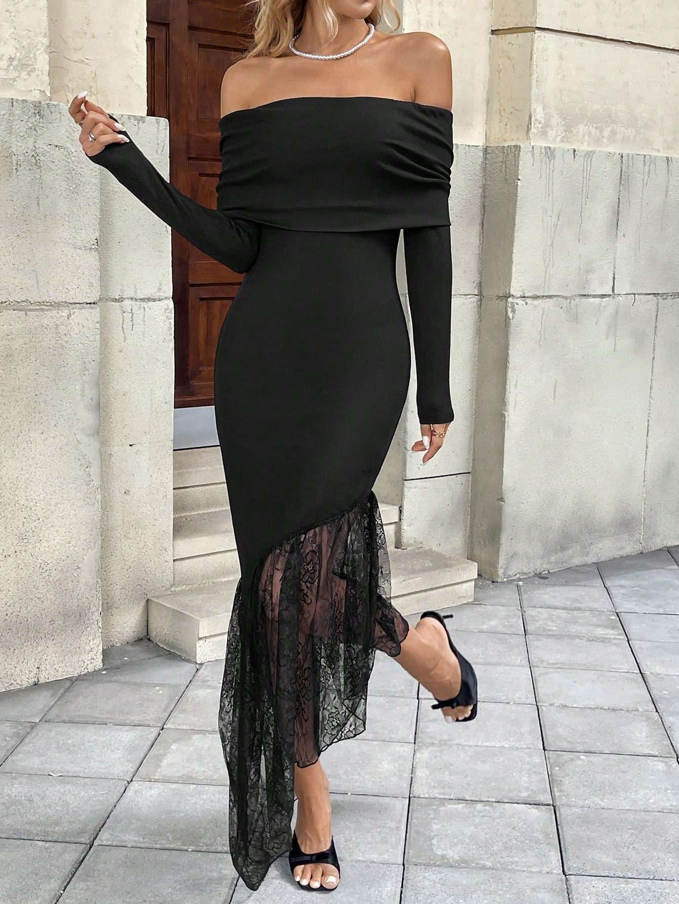Black Knit Contrast Lace Off Shoulder Bodycon Midi Dress, Sexy & Slim Fitting