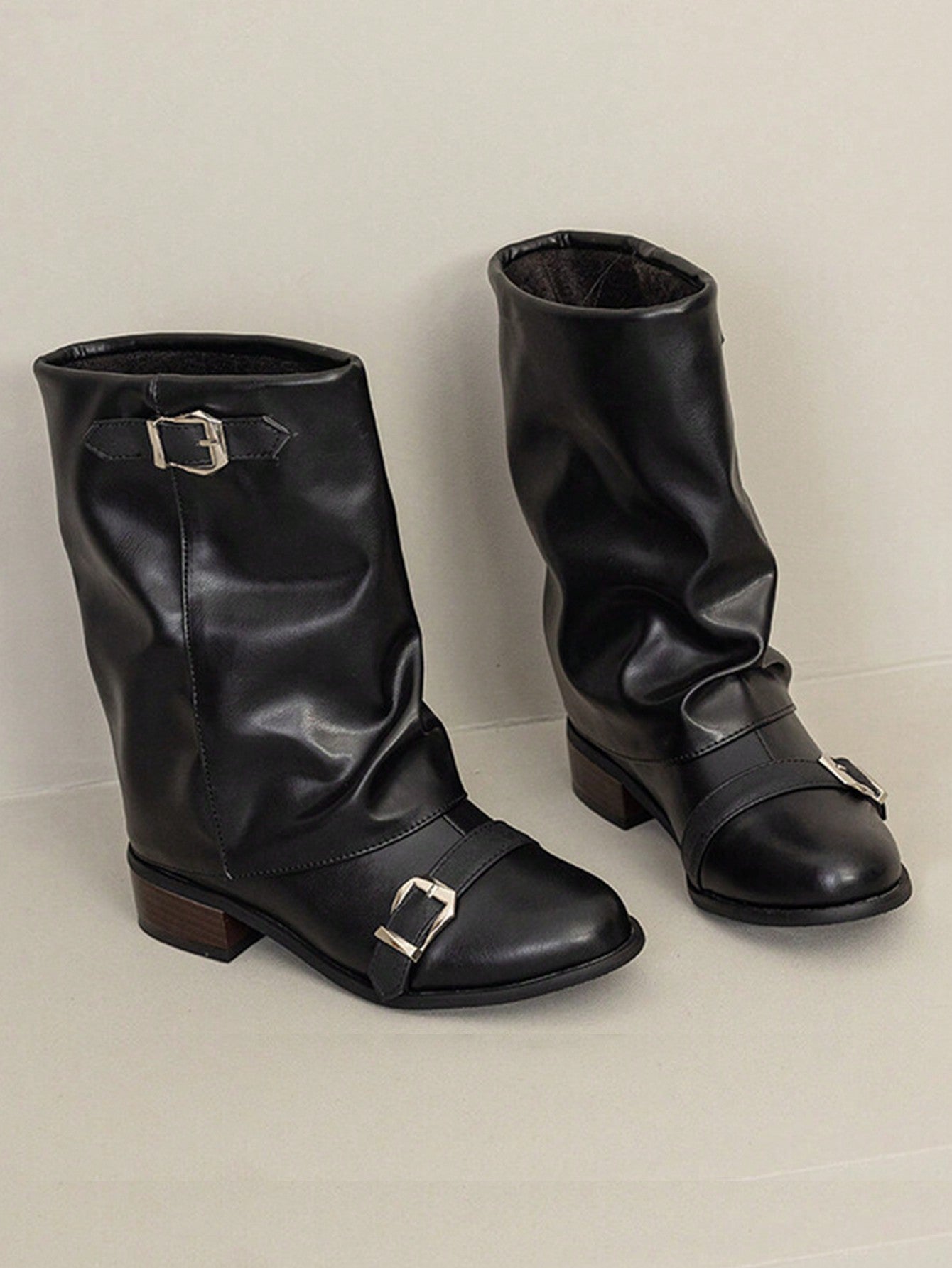 Women's Mid-Heel Mid-Calf Boots With Buckle Straps, Round Toe Western Style Riding Boots