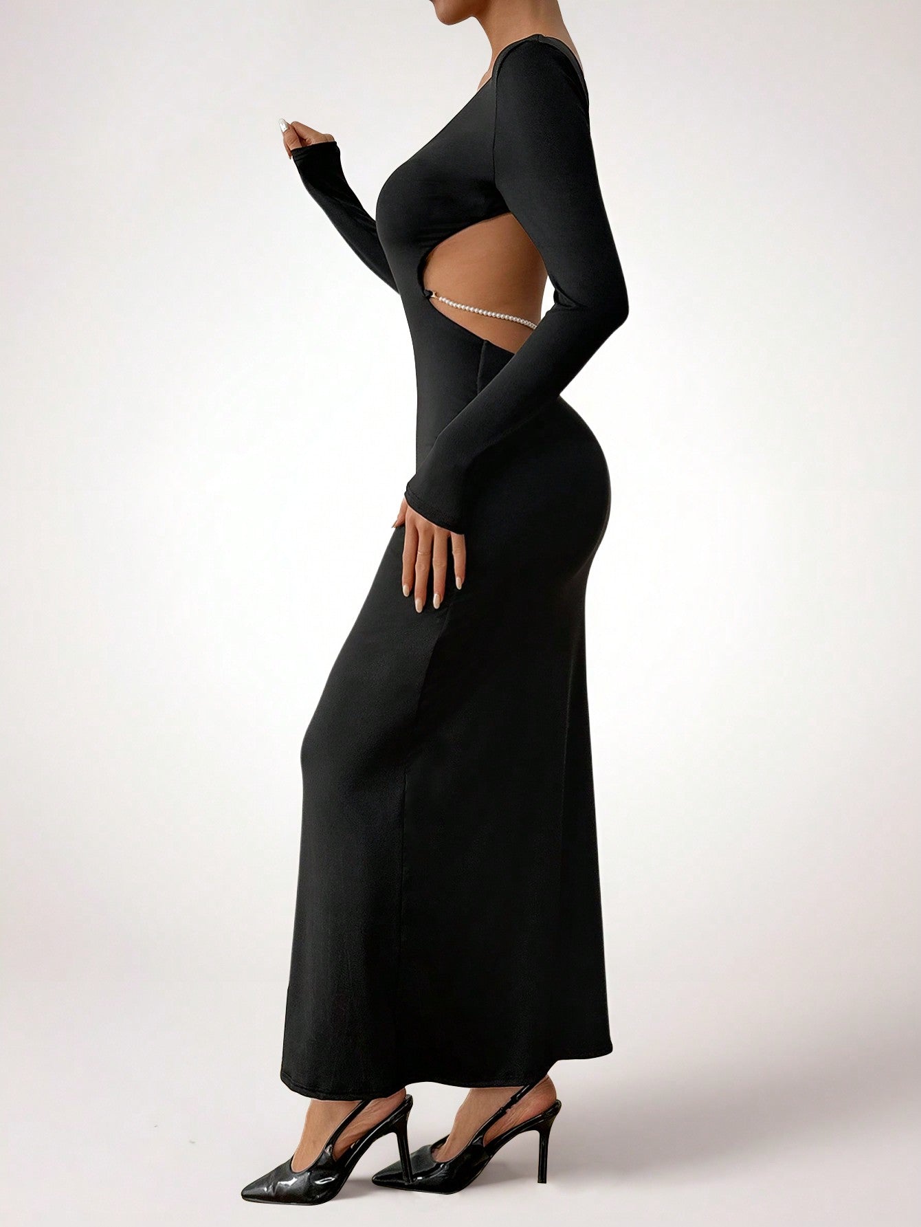 Women's Solid V-Neck Long Sleeve Slim Fit Elegant Dress