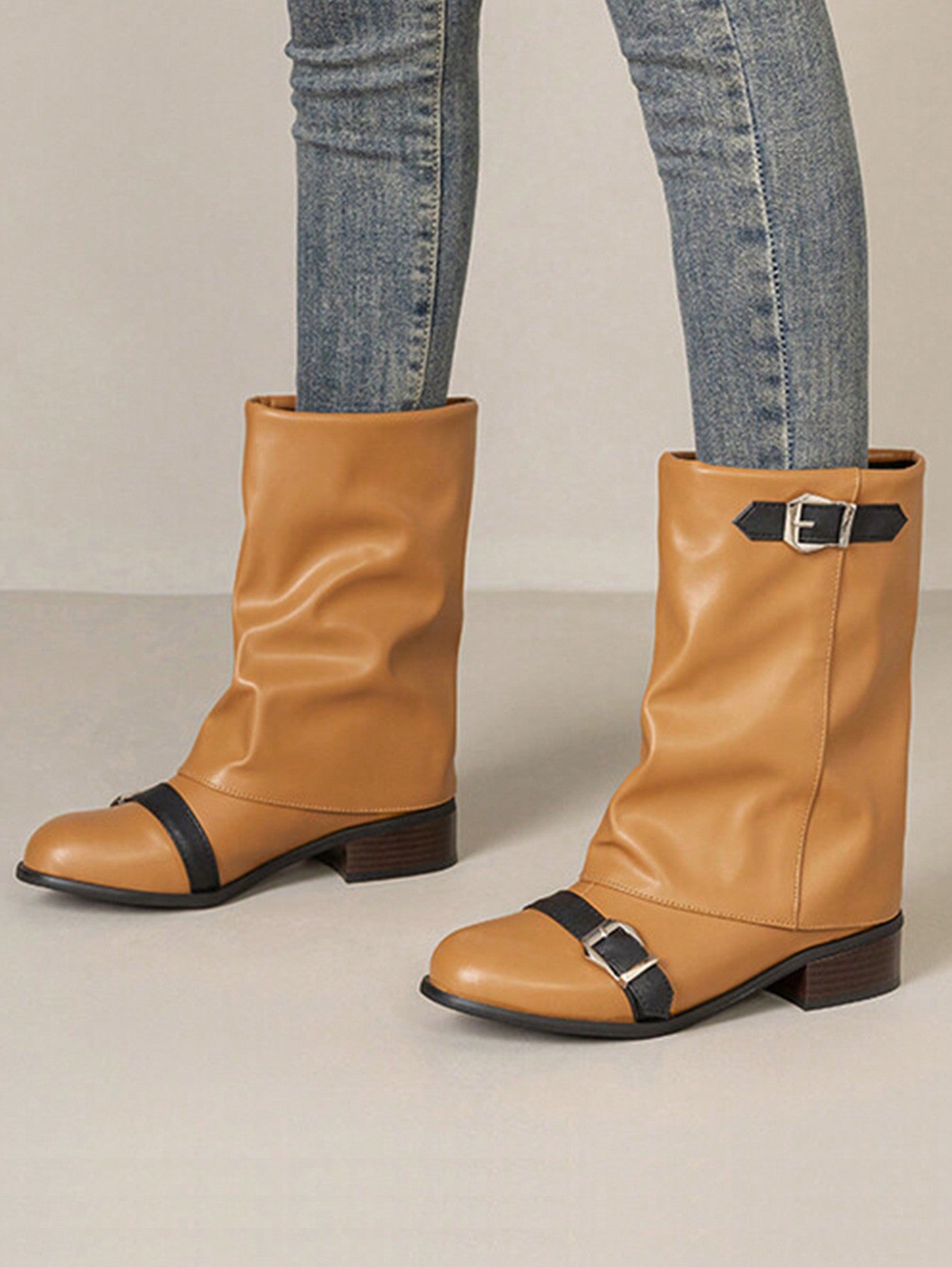 Women's Mid-Heel Mid-Calf Boots With Buckle Straps, Round Toe Western Style Riding Boots
