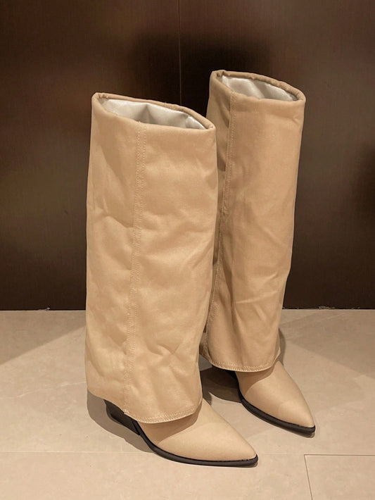 Women Thick Sole Knee-High Pointed Toe High Heel Chelsea Boots, Fashion New Gladiator Boots