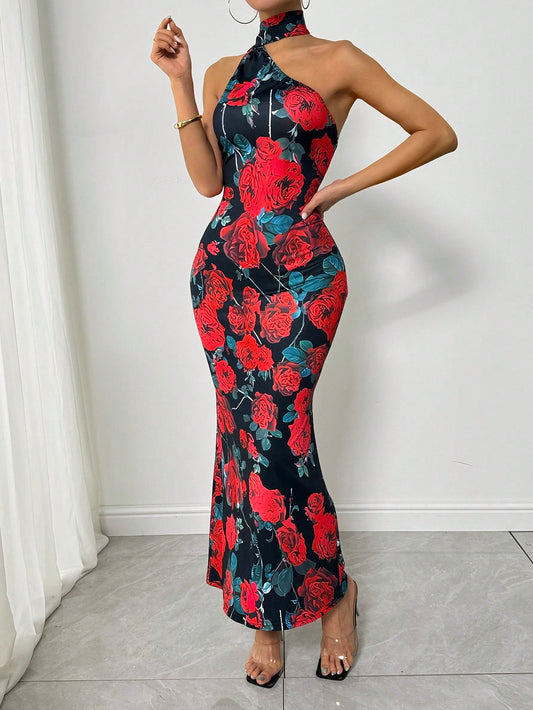 Women's Valentine's Day Rose Floral Print Romantic Holiday Bodycon Dress