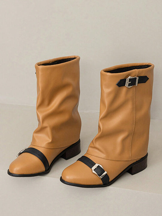 Women's Mid-Heel Mid-Calf Boots With Buckle Straps, Round Toe Western Style Riding Boots