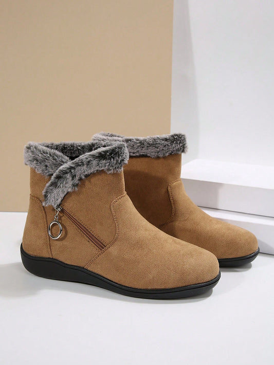 Women's Fleece Faux Rabbit Fur Zipper Decor Snow Boots, Warm