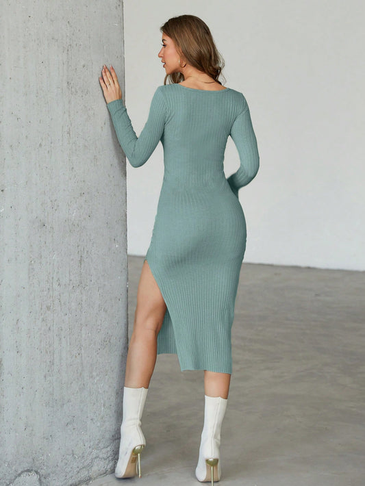 Women's Solid Color Round Neck Long Sleeve Split Hem Casual Sweater Dress