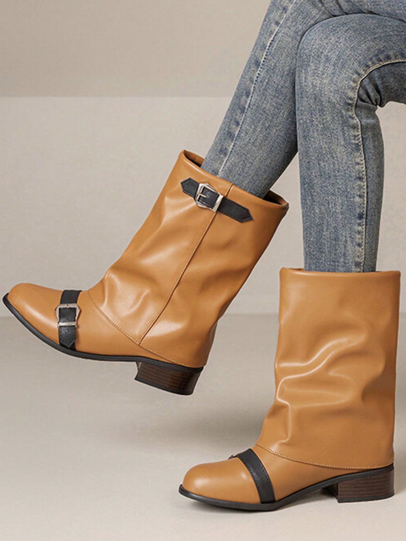 Women's Mid-Heel Mid-Calf Boots With Buckle Straps, Round Toe Western Style Riding Boots