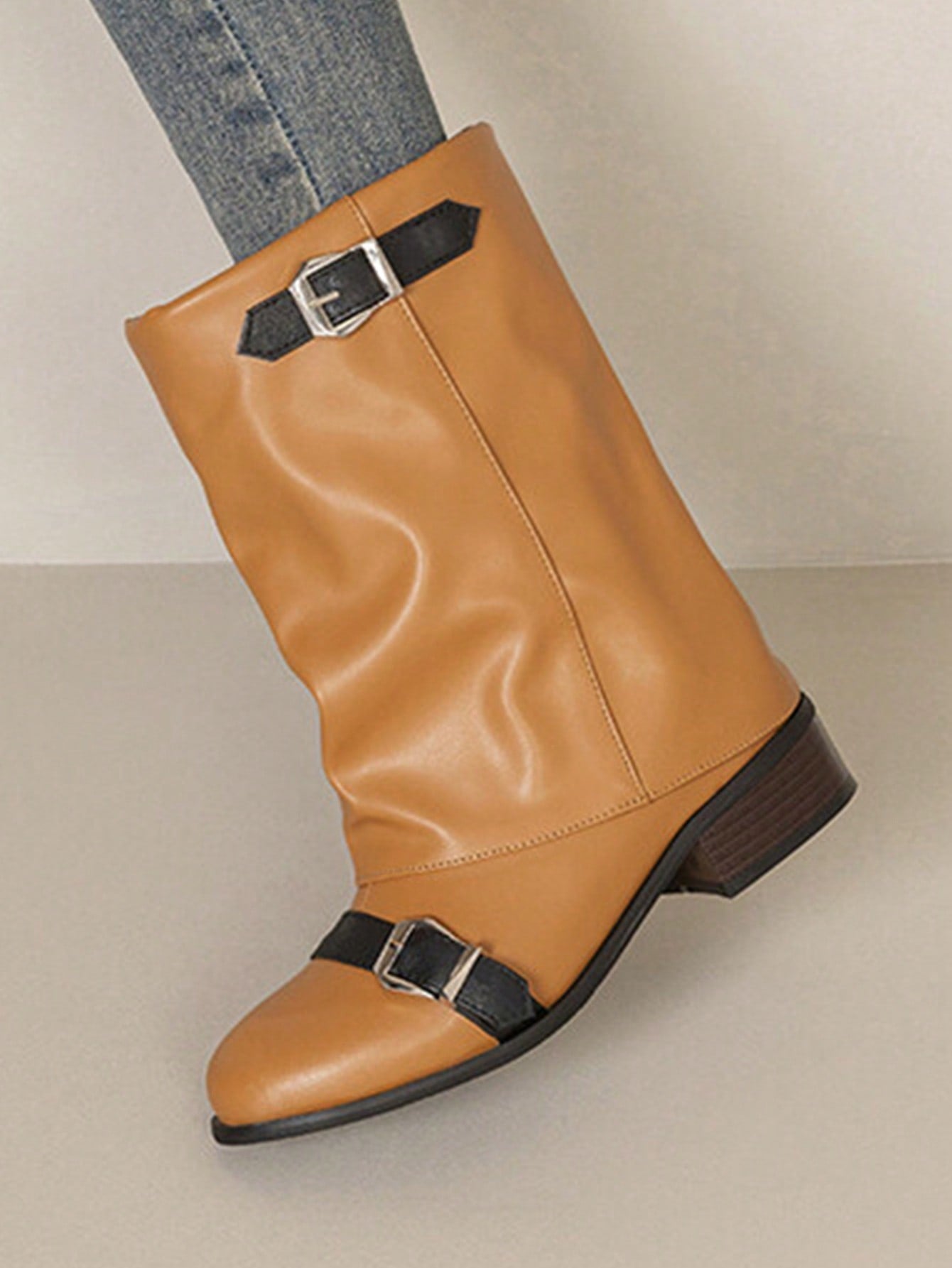 Women's Mid-Heel Mid-Calf Boots With Buckle Straps, Round Toe Western Style Riding Boots