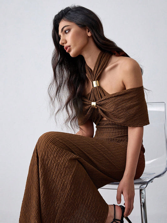 Coffee Color Bodycon Waist Seductive Metal Decor Dress