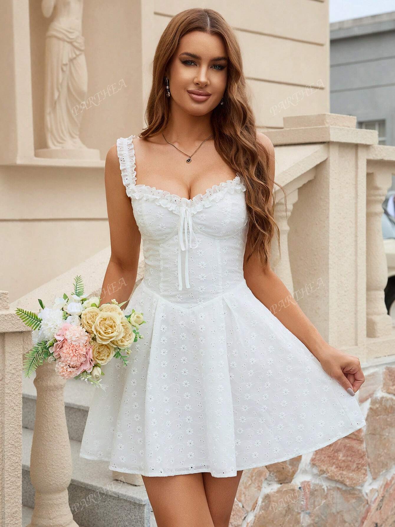 Tie Front Backless Smocking Ruffles Trim Ruched Bodycon Cami Embroidery Dress