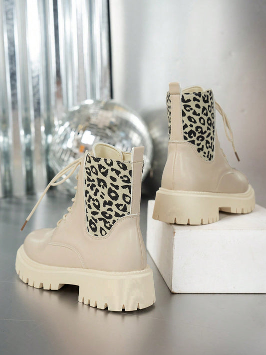 Women's Fashion Mid-Heel Boots, Round Toe Lace-Up Short Boots, Versatile Non-Slip Thick Sole Ankle Boots With Leopard Print Patchwork, Side Zipper, Suitable For Spring & Autumn, Plus Size